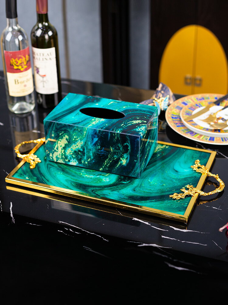 創意歐式託盤酒具長方形家用水杯茶盤餐廳酒杯抽紙盒水果盤甜點盤