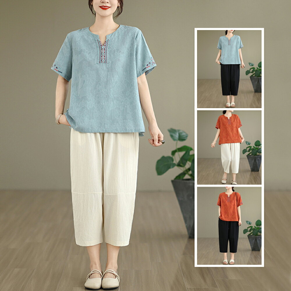 ＊ORead＊棉麻文藝V領上衣短袖T恤+寬褲兩件套(3色M~3XL)