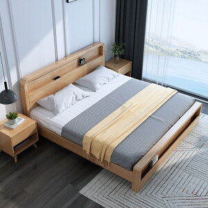 優樂悅~北歐實木床1.8米主臥雙人床1.5米帶usb多功能現代簡約高箱儲物床
