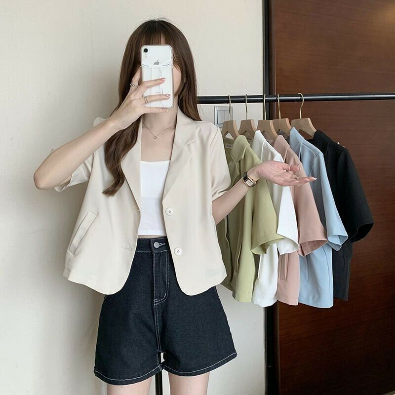 西裝領短袖襯衫 外套 女 夏季薄款襯衣短款上衣 百搭西外親膚翻領短版 西裝外套 西外 襯衫外套 短袖西外 短袖西裝外套