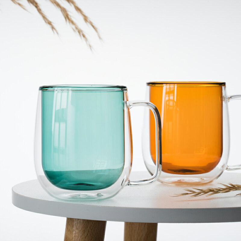 創意耐熱帶把雙層咖啡杯透明彩色玻璃辦公花茶隔熱牛奶果汁杯個性