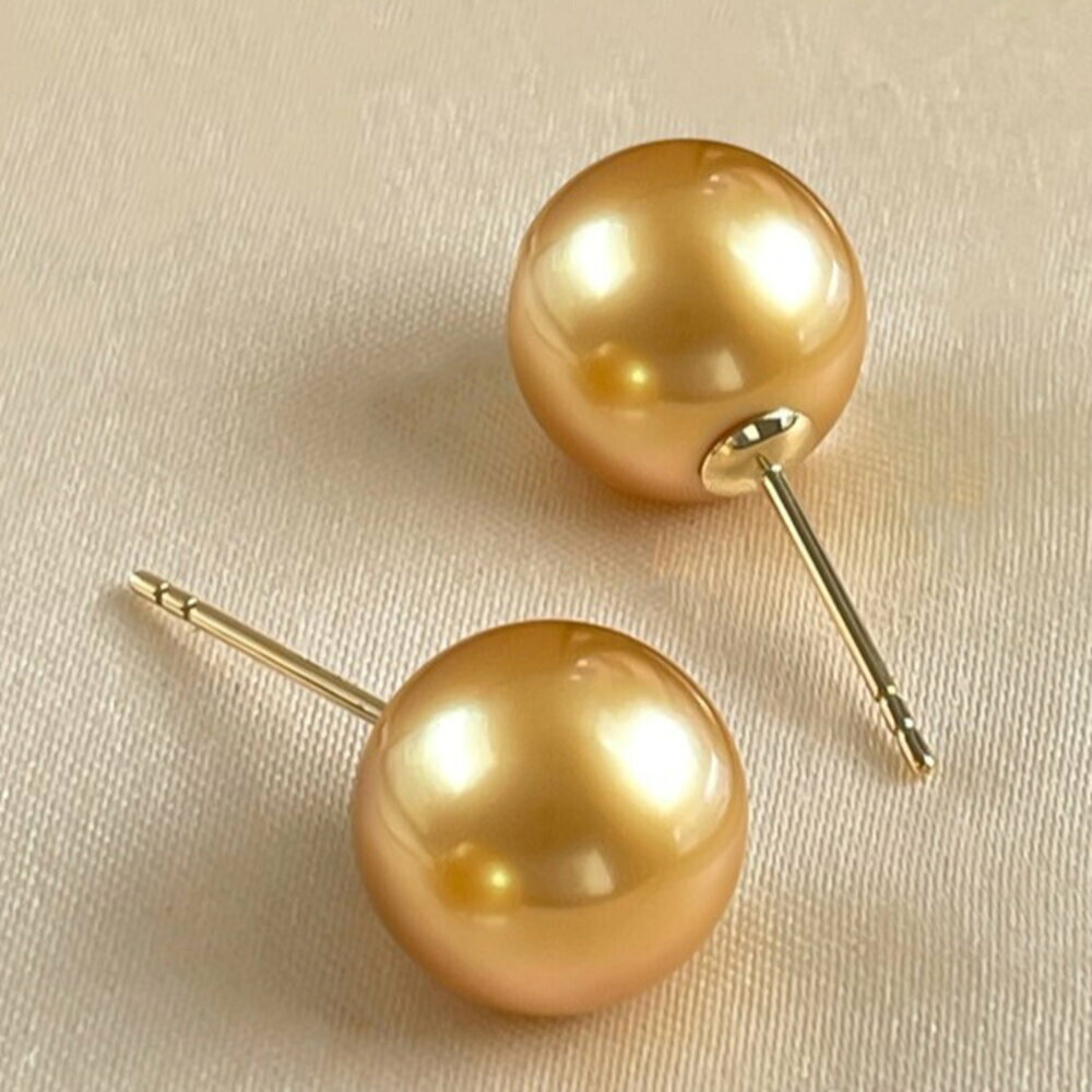 極簡風 南洋濃金珍珠 金珍珠 耳釘 18K 黃金 天然海水珍珠 素釘 簡約款 優雅珍珠耳飾