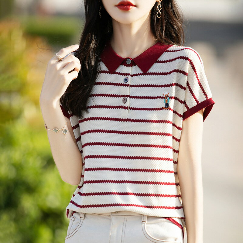現貨+預購 針織衫短袖毛衣-條紋刺繡POLO衫天絲女上衣4色74lc50【獨家進口】【米蘭精品】