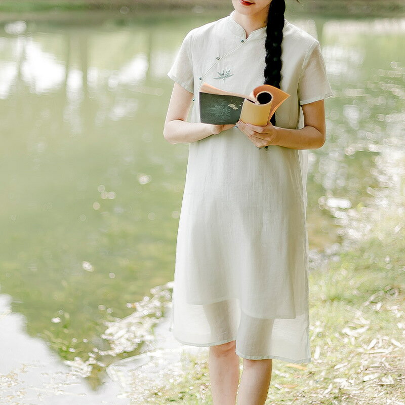 夏季文藝復古日常小子女裝短袖仙女中式刺繡茶服連衣裙改良旗袍