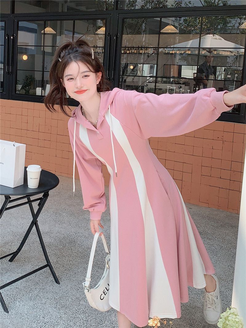 衛衣裙連帽上衣大碼顯白學生衛衣裙女春秋季中長款小個子連衣裙長裙【聚宝屋】
