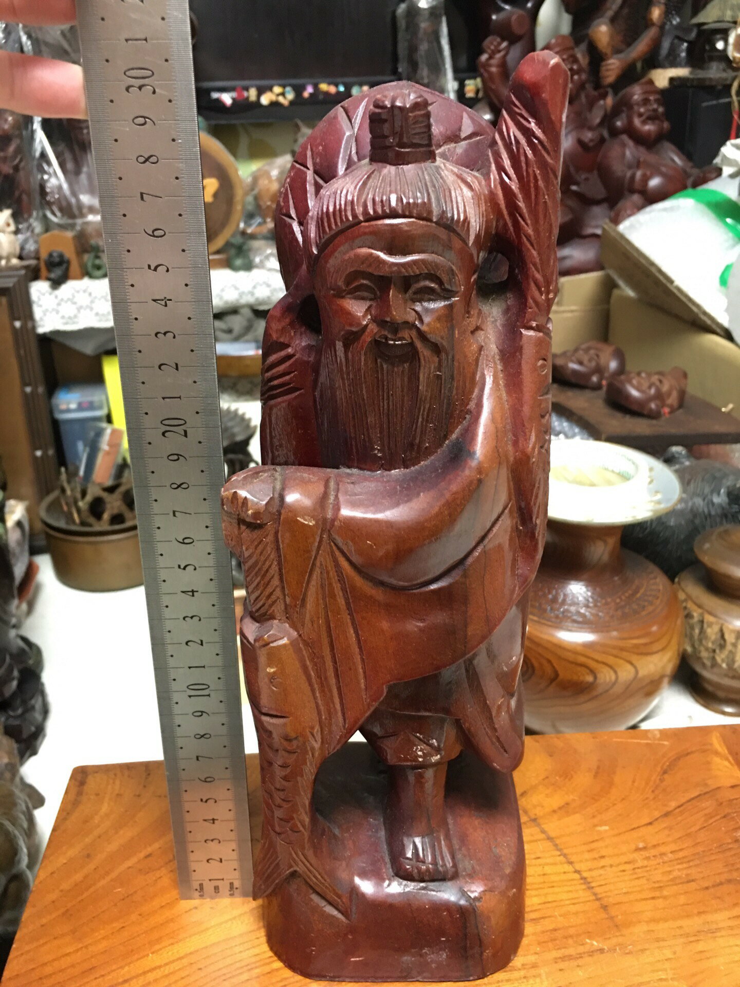 海外回流漁翁木雕擺飾，純手工一木雕漁翁，高度約31cm，重量