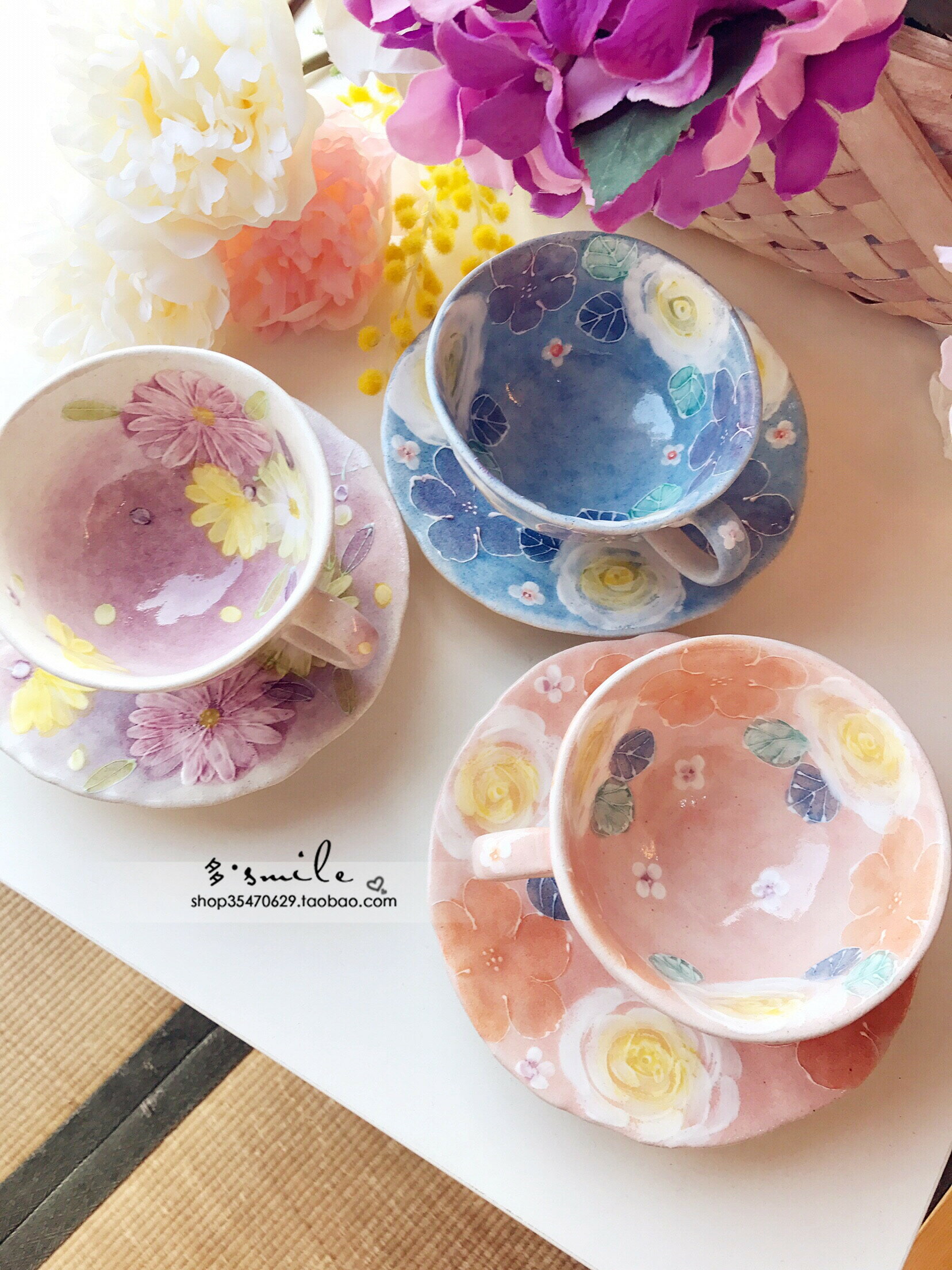 瀨戶燒手繪手工彩繪繁花花朵薔薇玫瑰花藍色咖啡杯碟