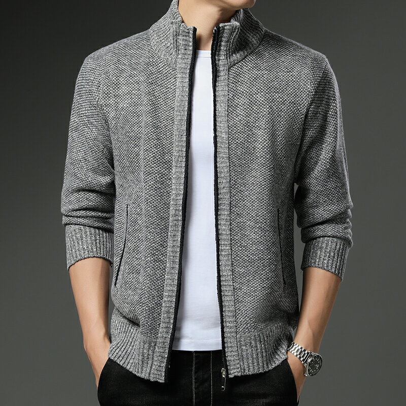 秋季新款毛衣開衫男士韓版潮流修身針織衫加大碼純色帥氣保暖外套