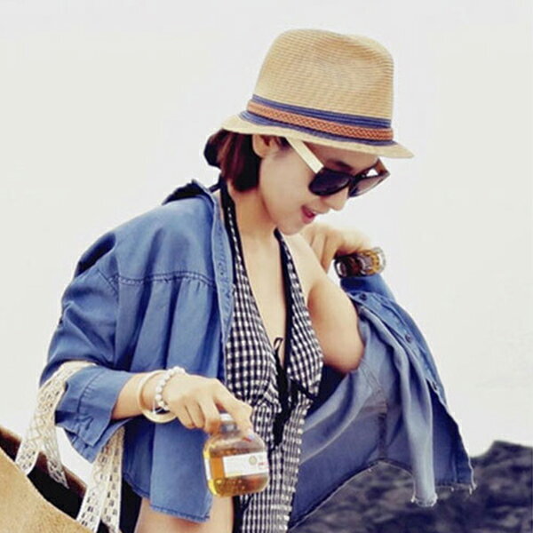 PS Mall 【G2513】夏季小禮帽女士 韓版拼色潮人草帽 爵士帽