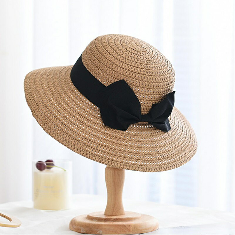 現貨+預購 渡假草帽草編遮陽帽編織帽大帽簷-鏤空透氣蝴蝶結可摺疊女帽子5色73yg19【獨家進口】【米蘭精品】 1