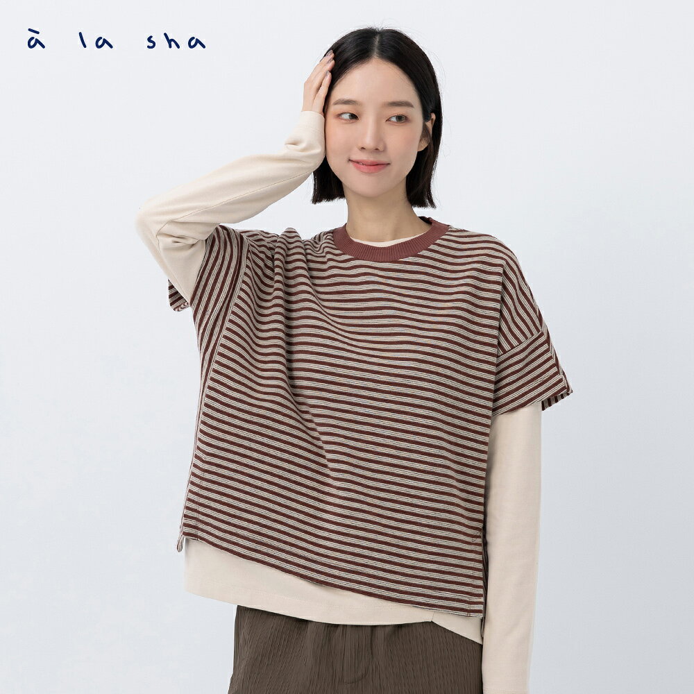 a la sha 條紋拼接連袖短T