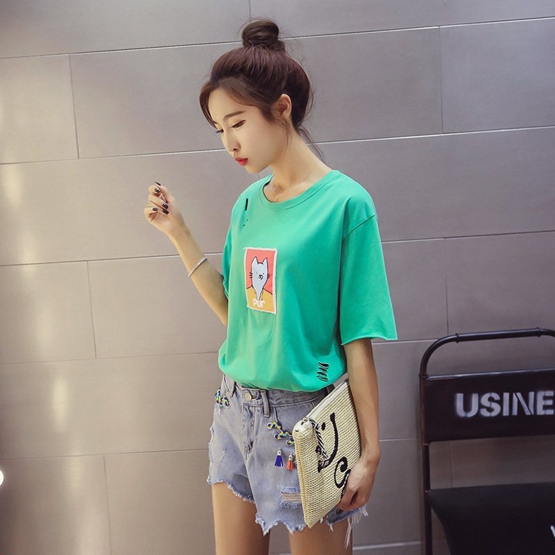 FINDSENSE G5 韓國時尚 破洞 短袖 T恤 學生 卡通 貼佈 寬鬆 上衣