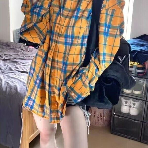 格子襯衫 女上衣 女裝 衣服 寬鬆上衣 格子襯衫女春夏秋新款韓版時尚少女小個子復古長袖襯衣休閒外套 0