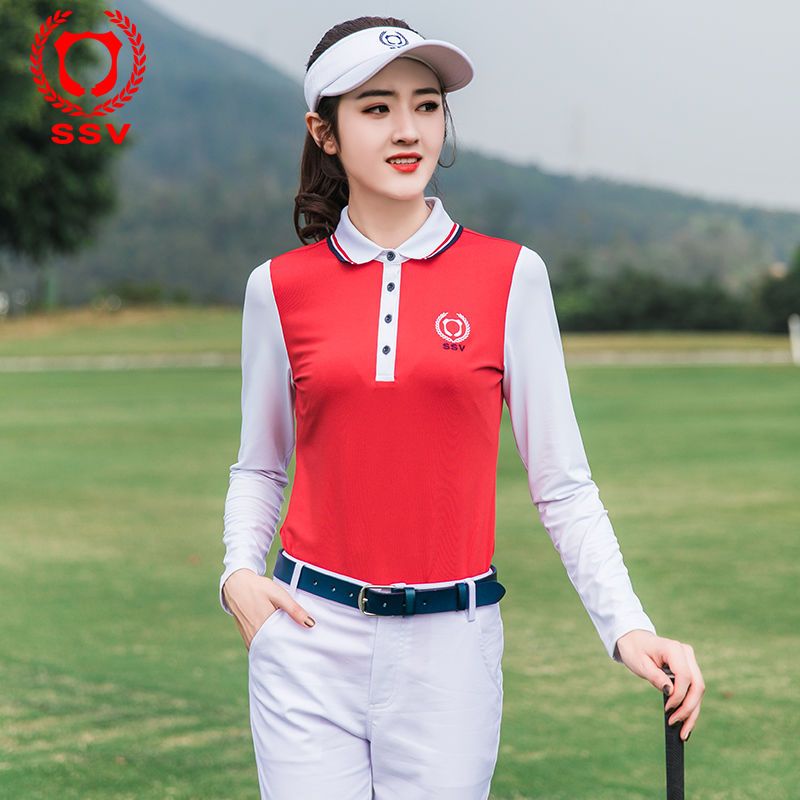 夏季GOLF SSV高爾夫服裝運動戶外休閑球服紅色女長袖T恤韓版上衣