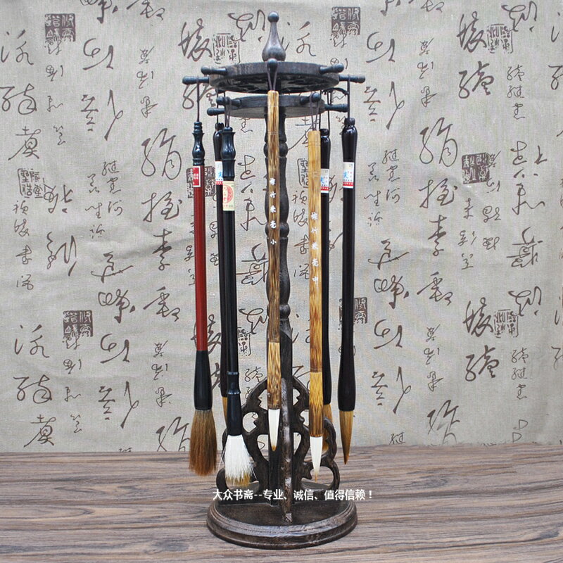 雞翅木圓形雙層毛筆架毛筆掛 實木紅木圓盤筆架筆掛筆擱 文房四寶