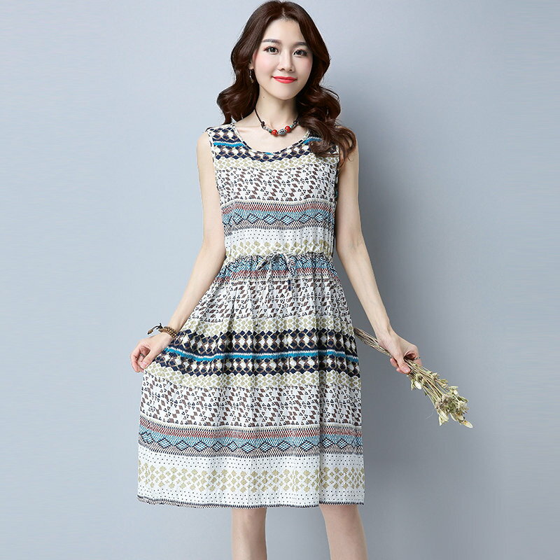 FINDSENSE G5 韓國時尚 夏季 棉麻 背心裙 寬鬆 無袖 中長款 女裙 連身裙