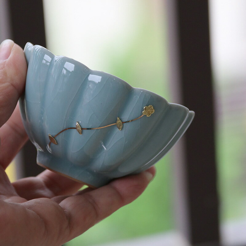 純手工鋦釘霧藍開片青瓷李輝熠陶瓷復古中式主人品茗單茶杯個人杯