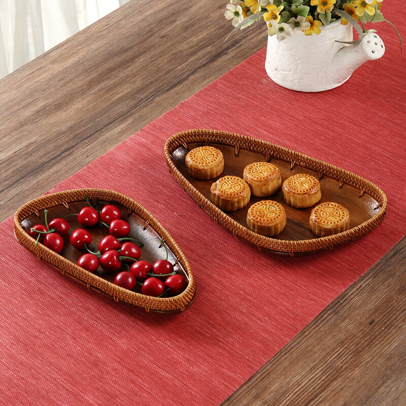 手工制作藤口實木創意零食瓜子水果儲物盤復古中式桌面置物托