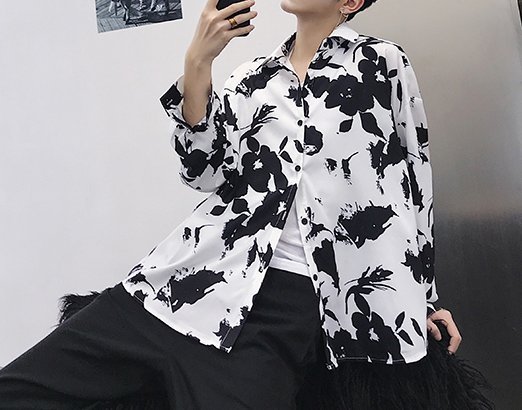 FINDSENSE H1 2018 秋季 新款 男 日本 精緻簡約 黑白花卉 寬鬆顯瘦襯衫 氣質長袖襯衫 休閒 潮上衣