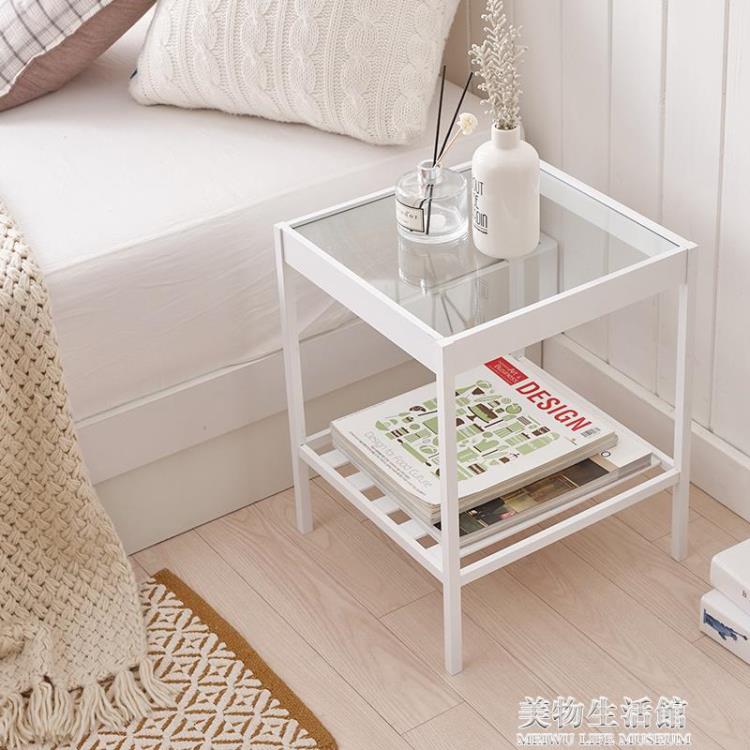 床頭柜現代簡約小型ins臥室柜子玻璃極簡迷你實木置物復古床邊柜【摩可美家】