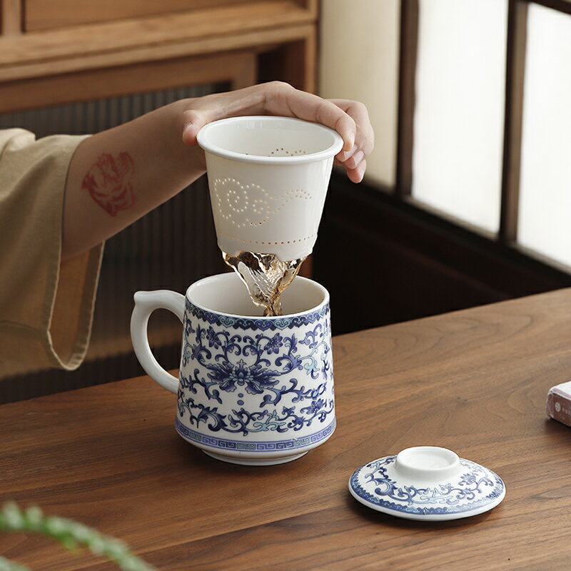 青花瓷辦公杯茶水分杯男士個人專用泡茶杯陶瓷水杯茶具帶過濾高檔