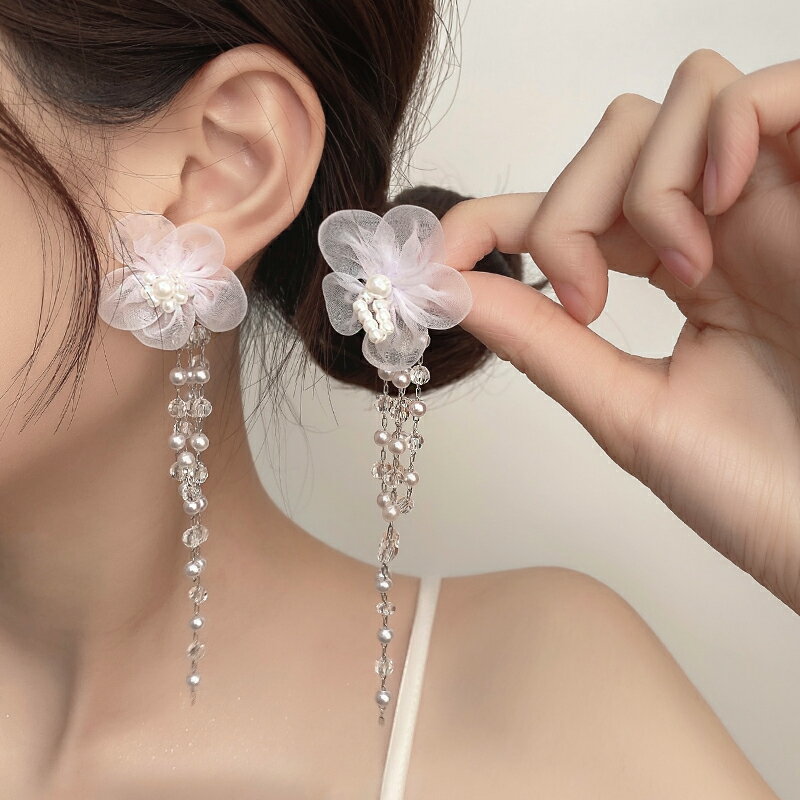 S925銀針白色花朵耳釘女氣質珍珠水晶長款流蘇耳環顯臉瘦百搭耳飾