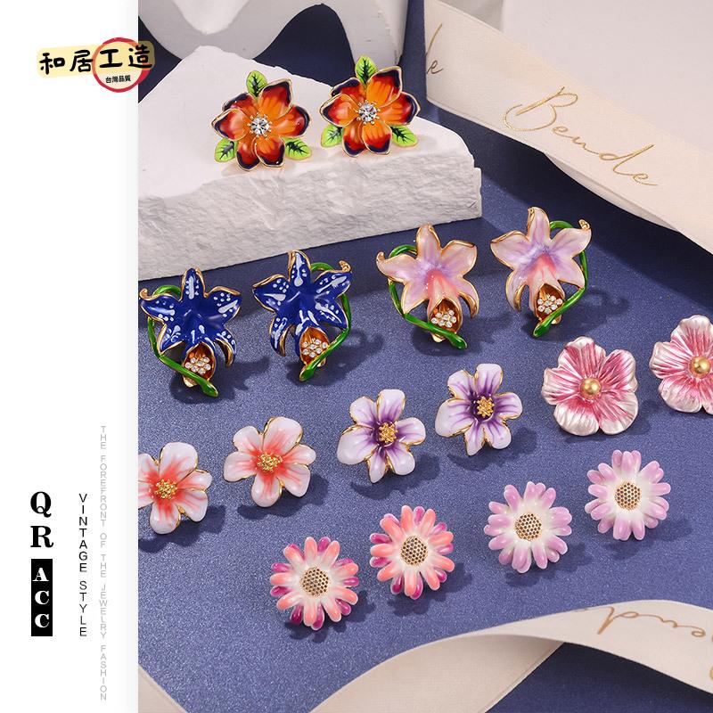 國潮復古花朵誇張耳環琺瑯油畫系列個性輕奢耳釘中古vintage飾品[DD0508003]