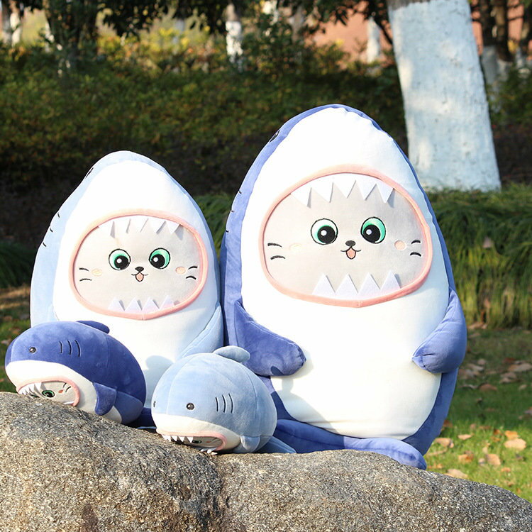 貓臉鯊魚毛絨玩具 超柔鯊魚睡覺抱枕布娃娃公仔 可愛鯊魚沙發靠墊