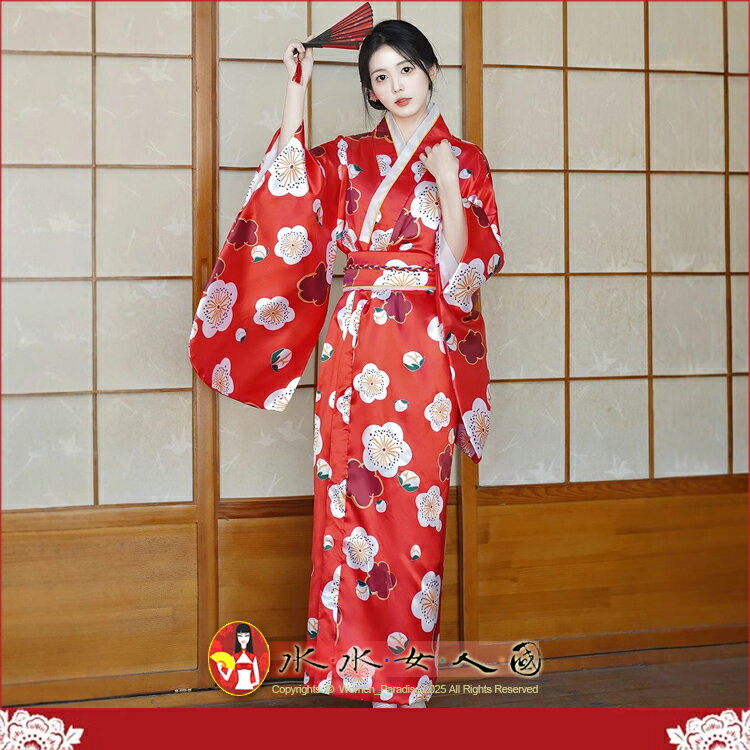 熱賣爆款！日式綢緞和服浴衣睡袍，復古印花，東瀛和服風，少女寫真舞台表演必備｜紅色櫻花｜水水女人國