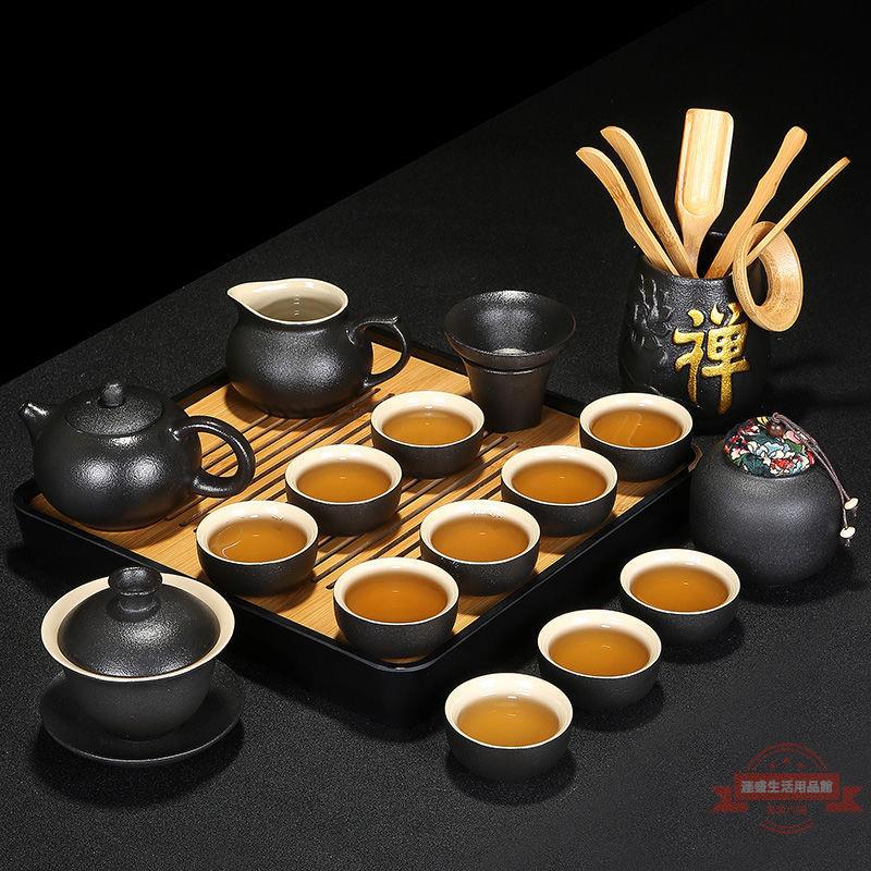粗陶茶具套裝黑陶家用功夫茶杯陶瓷蓋碗茶壺小茶盤整套泡茶器代發