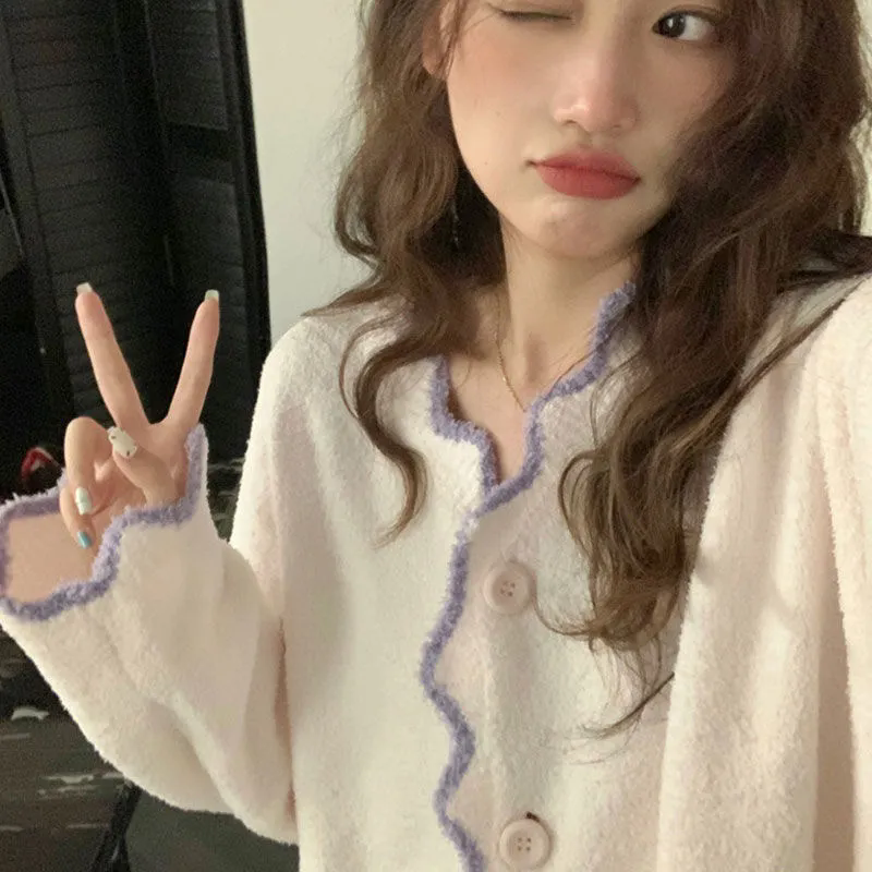 女士睡衣 簡約珊瑚絨睡衣 女秋冬撞色居家套裝 加絨加厚長袖長褲 可外穿家居服套裝 保暖睡衣 女士睡衣【不二雜貨】