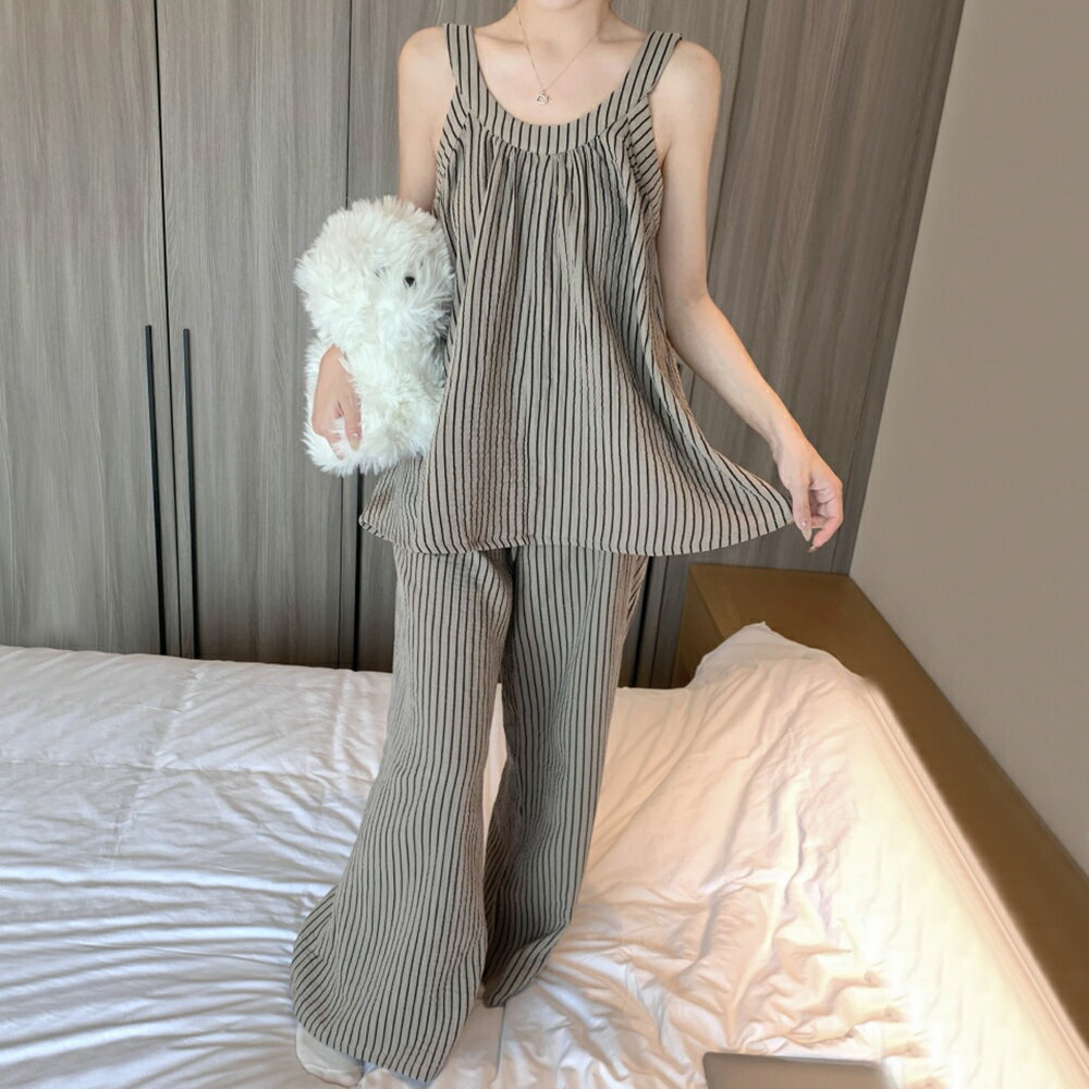 ＊ORead＊韓版小清新透氣條紋吊帶家居服套裝(圖片條紋F碼)