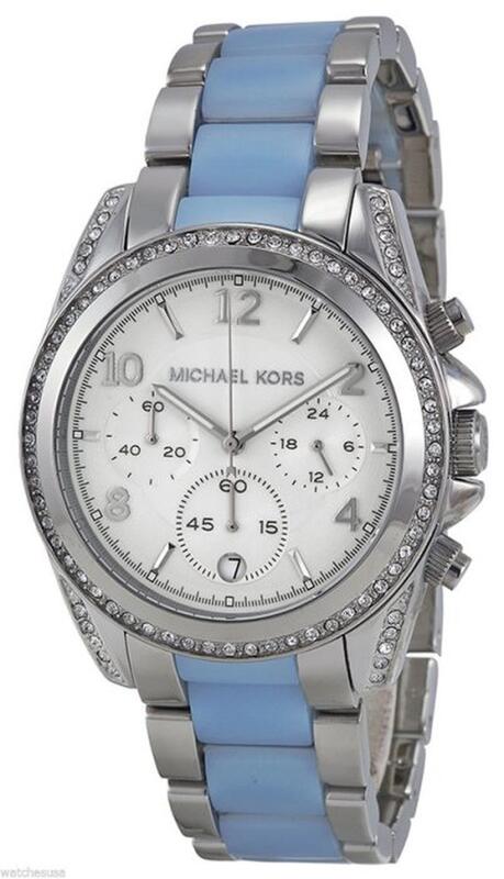 『Marc Jacobs旗艦店』美國代購 Michael Kors 粉藍色代瑁銀色錶帶腕錶