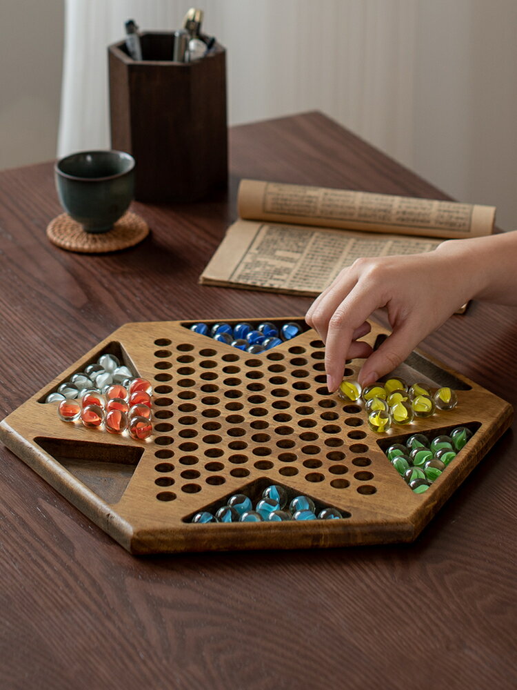 象棋 國際象棋 跳棋玻璃珠高檔跳棋兒童益智木質棋盤大號大人版親子彈子木珠跳棋玩具交換禮物