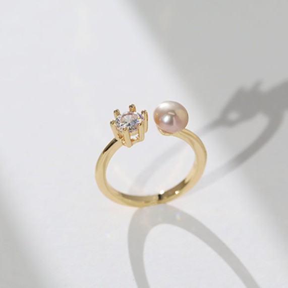 天然淡水珍珠活口戒指可調節簡約大氣款六爪鑲嵌指環時尚氣質百搭