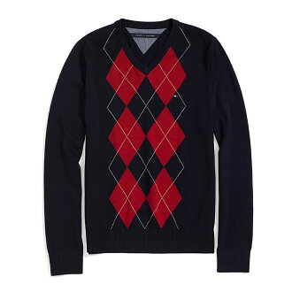 美國百分百【Tommy Hilfiger】針織衫 TH 線衫 毛衣 菱格 V領 學院風 深藍色 紅色 M號 F607
