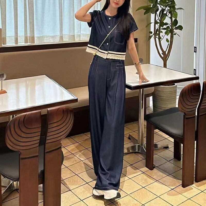 現貨+預購 休閒套裝長袖褲裝-牛仔襯衫高腰長褲女裝74km33【獨家進口】【米蘭精品】