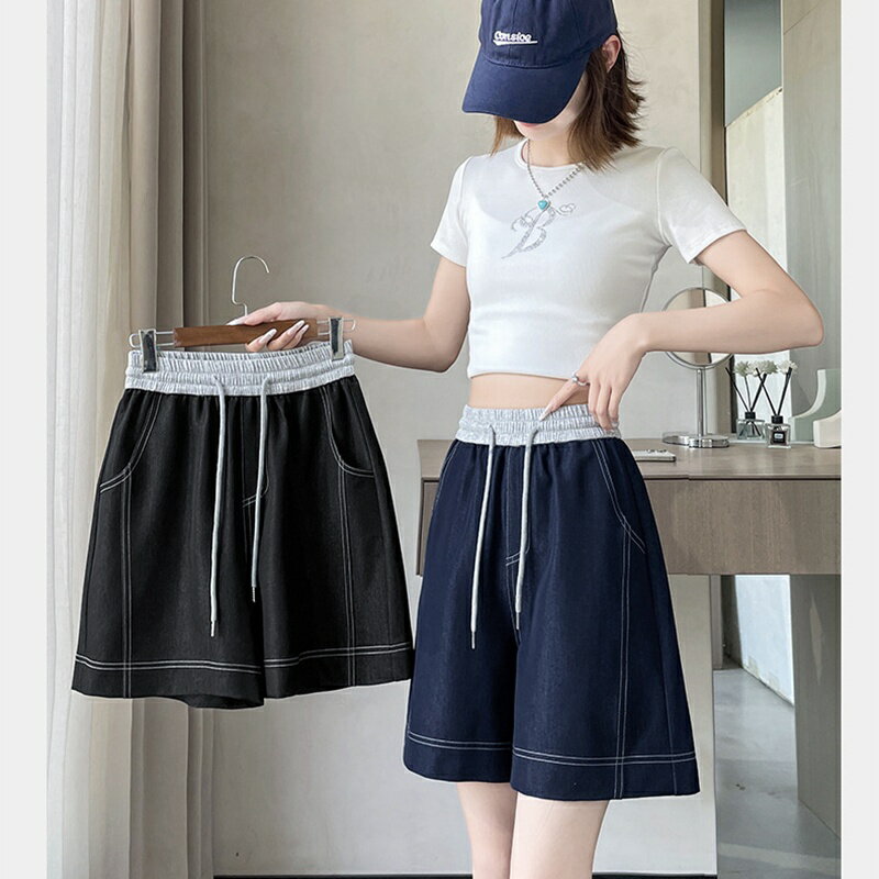 現貨+預購 女高腰牛仔短褲休閒寬褲顯瘦薄款寬鬆直筒褲丹寧休閒A字短褲-牛仔短褲2色74ls42【獨家進口】【米蘭精品】