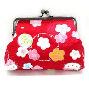 asdfkitty*日本製 KITTY梅花和風雙珠扣零錢包-紅色-超大尺寸-化妝包/收納包/置物包-正版商品