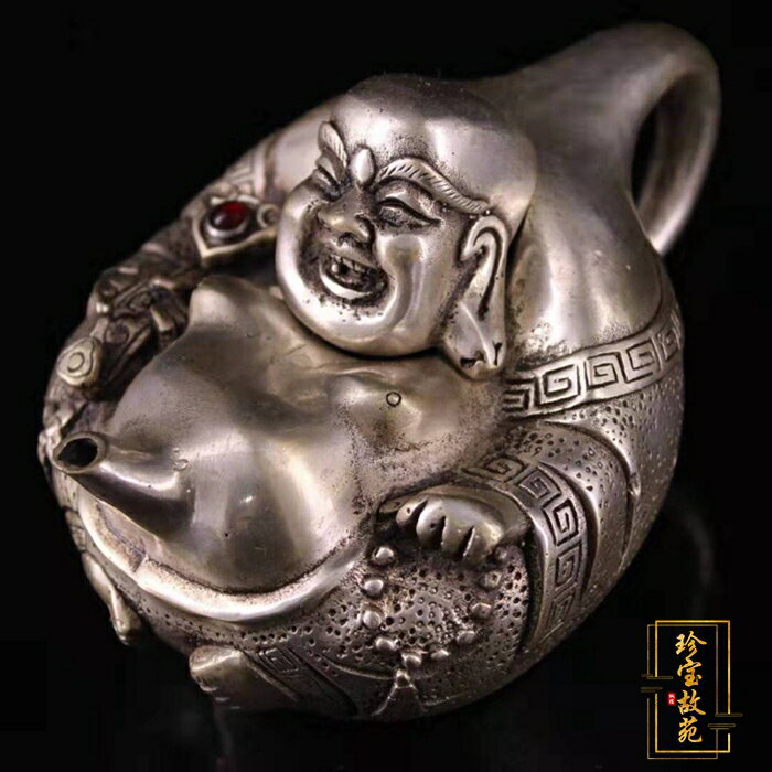 古玩熱賣仿古白銅茶壺家居裝飾鑲寶石銅水壺彌勒佛銅酒壺案頭擺件