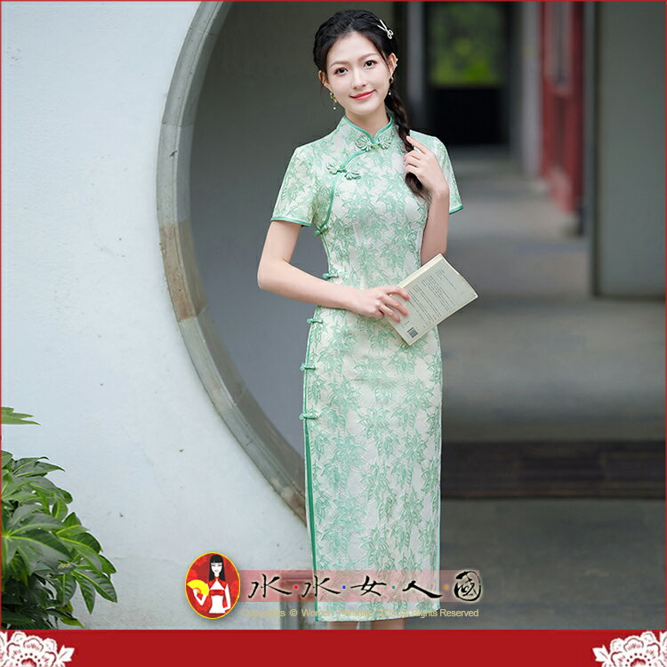 復古文藝氣質改良中長款旗袍年輕新款春夏季中式少女蕾絲連衣裙日常宴會禮服裙女洋裝-麗燦(綠色)-水水女人國