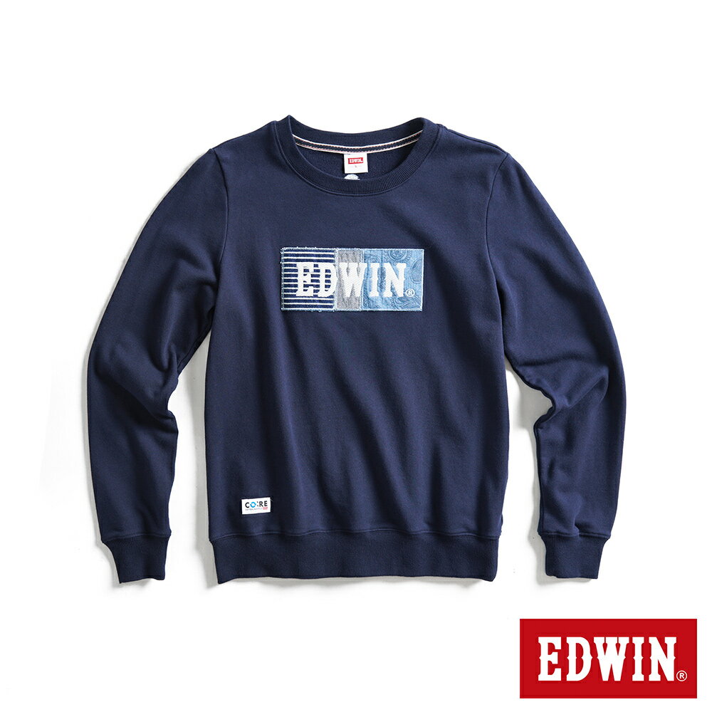 EDWIN 女款 再生系列 CORE環保丹寧拼貼BOXLOGO厚長袖T恤(丈青色)