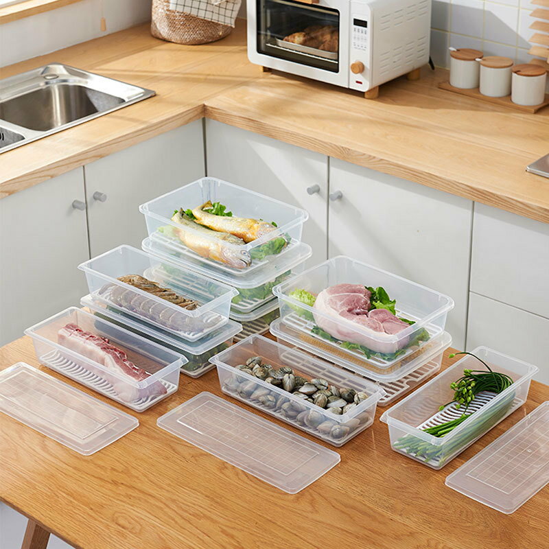 廚房瀝水隔板保鮮盒家用冰箱冷藏儲藏盒透明長方形海鮮蔬菜收納盒