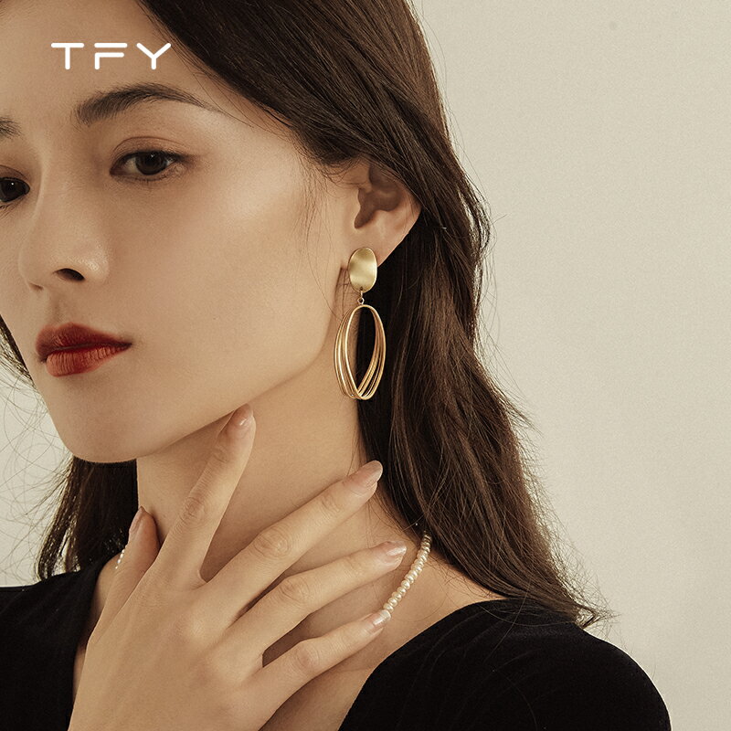 TFY幾何橢圓耳環女氣質高級感時尚歐美耳釘長款個性冷淡風耳飾品