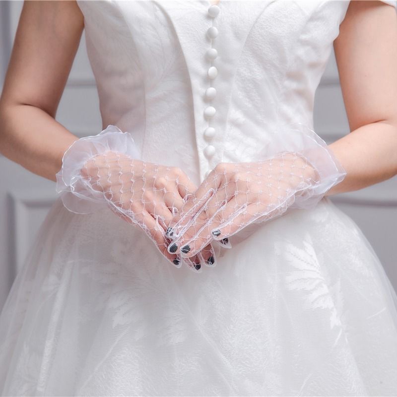夏季新娘短款婚紗禮服手套新款結婚長款手套女薄白色婚禮蕾絲手套