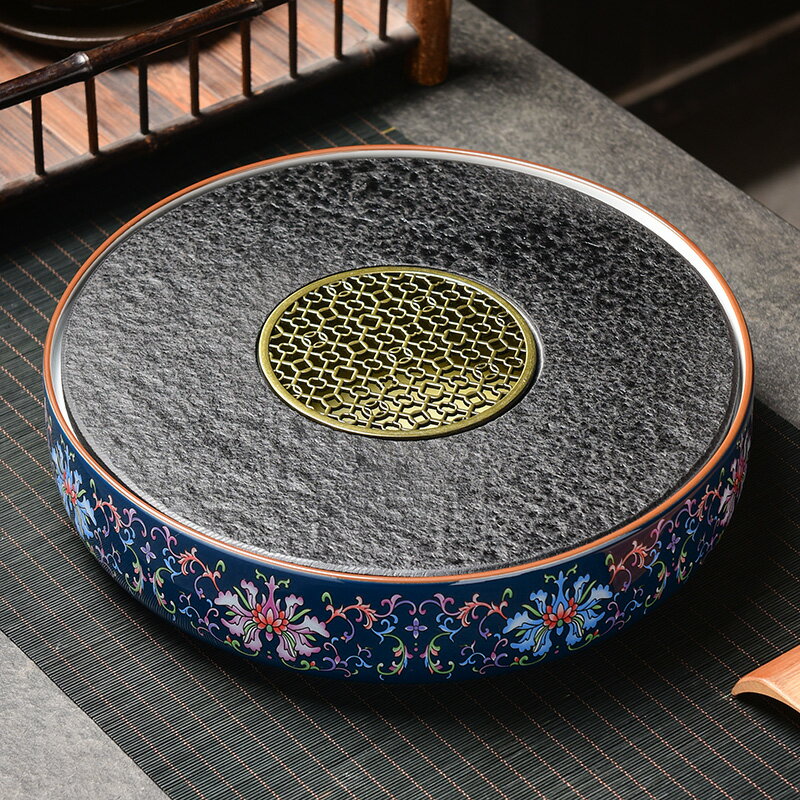 圓形茶盤家用烏金石茶臺現代簡約小型儲水干泡臺排水石頭茶海托盤