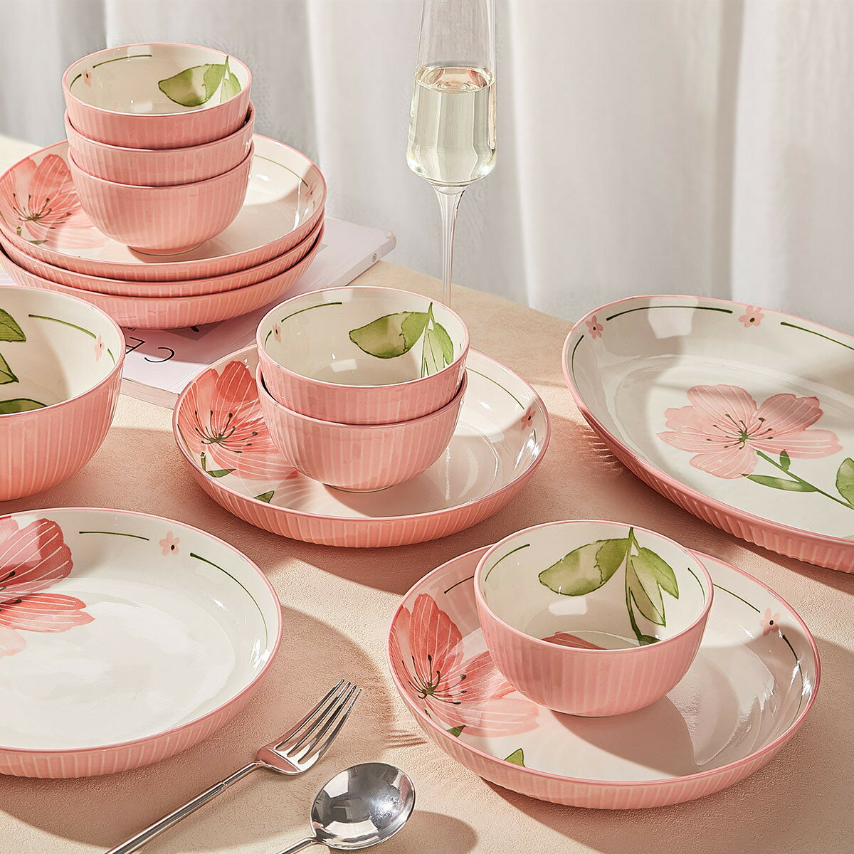 楓林宜居 清新碗碟套裝家用陶瓷碗盤碗筷組合喬遷盤子碗具結婚禮物餐具禮盒