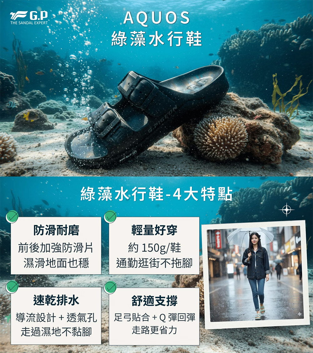 G.P(男女共同款)AQUOS綠藻舒適機能水行鞋 拖鞋 男女鞋-太空灰色 4