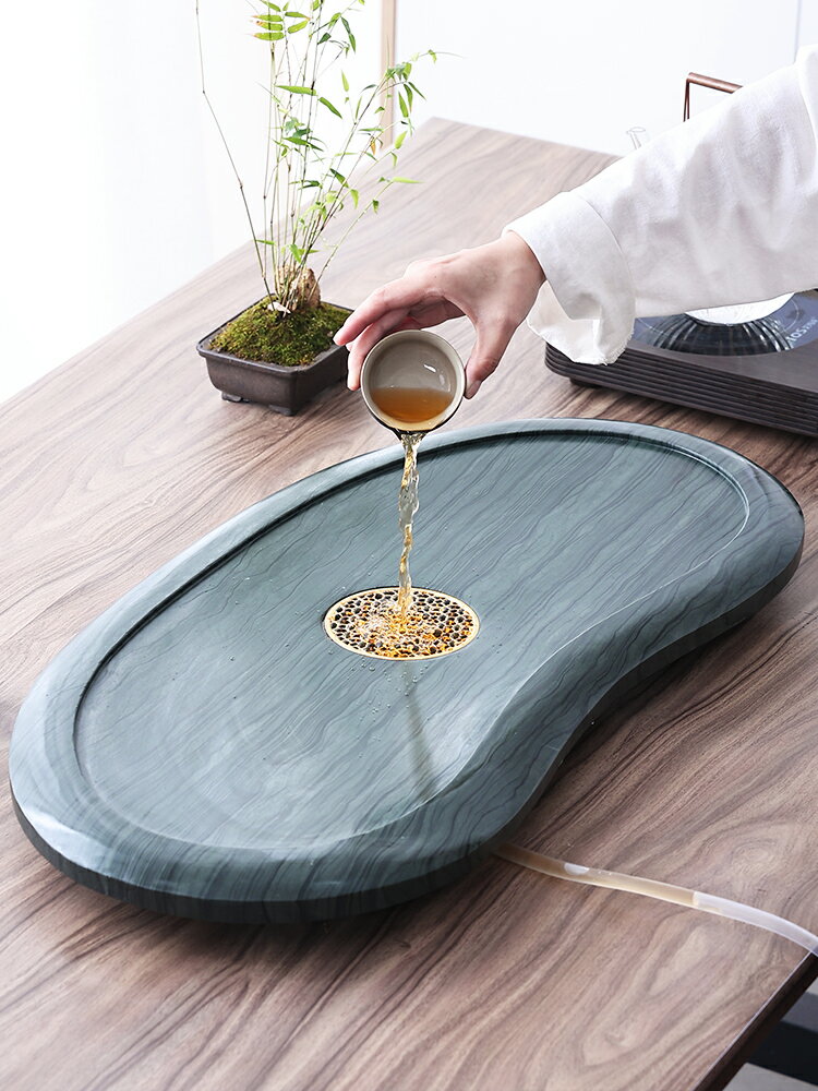 整塊天然木紋石茶盤現代圓形中式簡約家用辦公室茶臺烏金石頭茶海 3