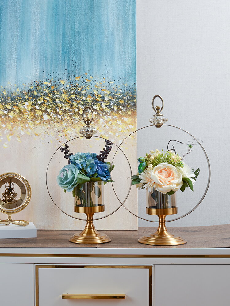新品 擺件 免運 美式輕奢金屬餐桌花瓶擺件客廳插花歐式家居創意玻璃燭臺軟裝飾品 裝飾品